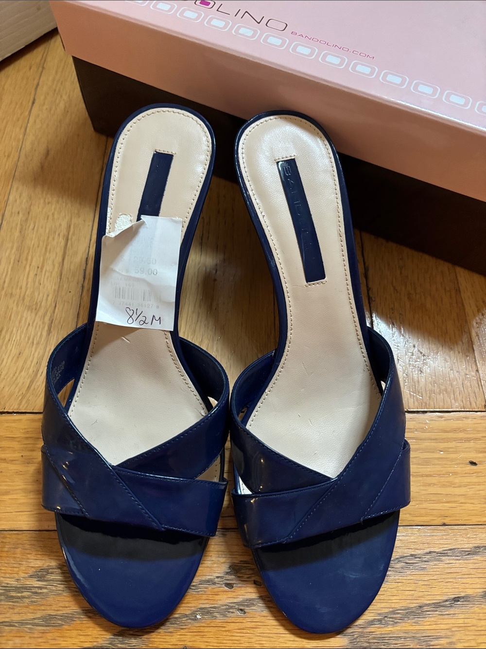 Bandolino Navy Patent Cross-Strap Slip-On heels Mules nwt  8.5